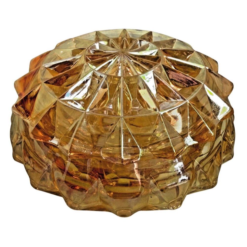 Vintage Jeannette Glass Windsor Diamond Marigold Carnival Glass Covered Puff Box